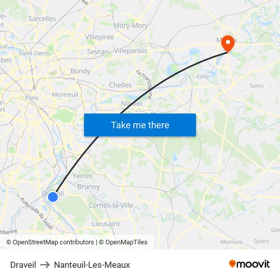 Draveil to Nanteuil-Les-Meaux map