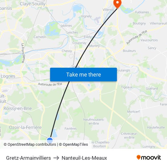 Gretz-Armainvilliers to Nanteuil-Les-Meaux map