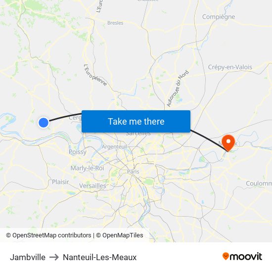 Jambville to Nanteuil-Les-Meaux map