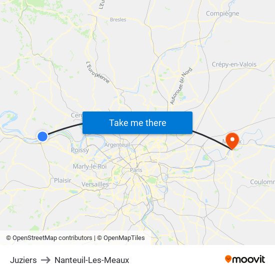 Juziers to Nanteuil-Les-Meaux map