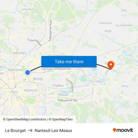 Le Bourget to Nanteuil-Les-Meaux map