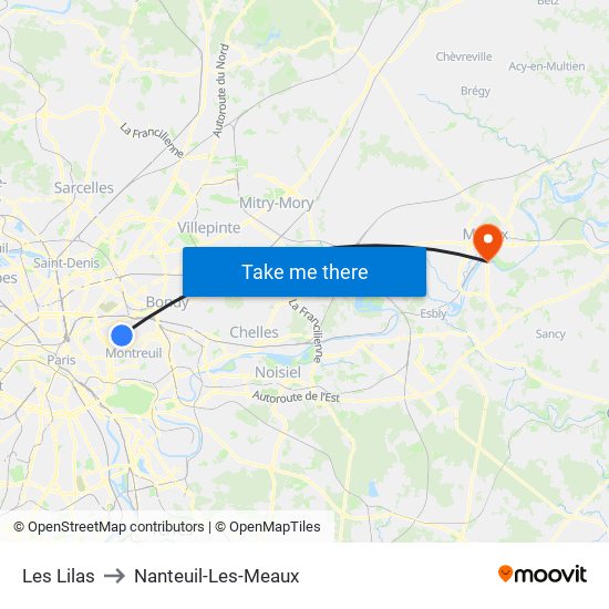 Les Lilas to Nanteuil-Les-Meaux map