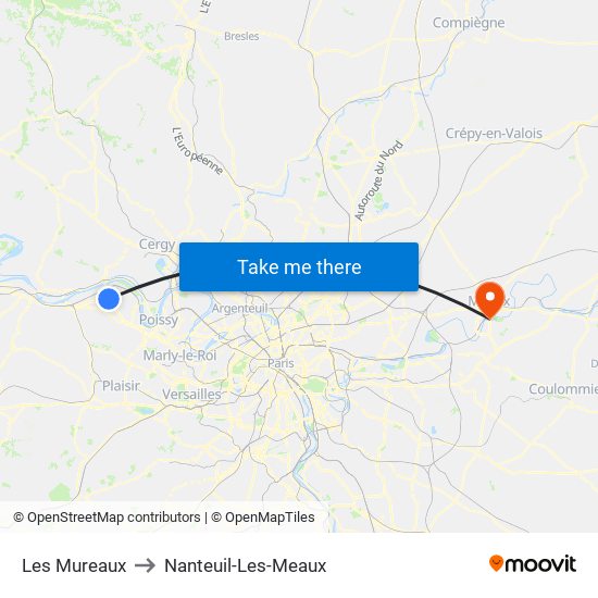 Les Mureaux to Nanteuil-Les-Meaux map