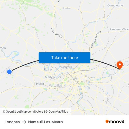 Longnes to Nanteuil-Les-Meaux map