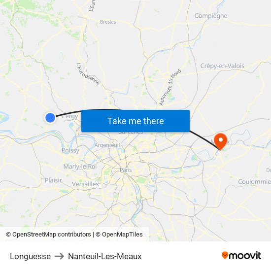 Longuesse to Nanteuil-Les-Meaux map