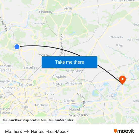 Maffliers to Nanteuil-Les-Meaux map