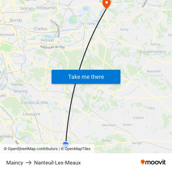 Maincy to Nanteuil-Les-Meaux map