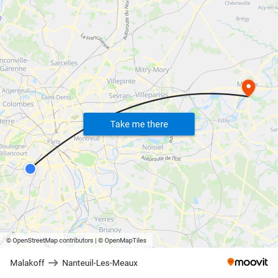 Malakoff to Nanteuil-Les-Meaux map
