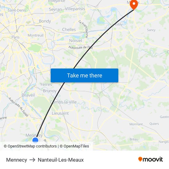 Mennecy to Nanteuil-Les-Meaux map