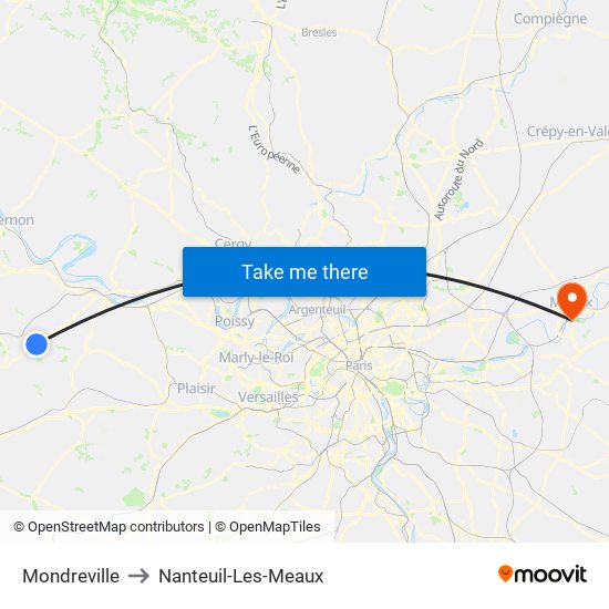 Mondreville to Nanteuil-Les-Meaux map