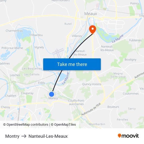 Montry to Nanteuil-Les-Meaux map