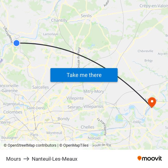 Mours to Nanteuil-Les-Meaux map