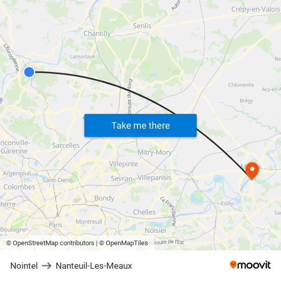 Nointel to Nanteuil-Les-Meaux map