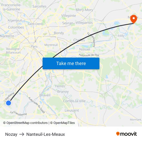 Nozay to Nanteuil-Les-Meaux map