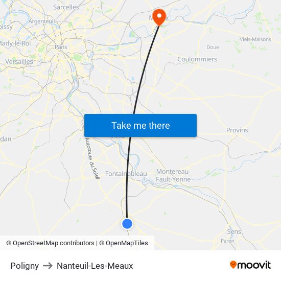 Poligny to Nanteuil-Les-Meaux map