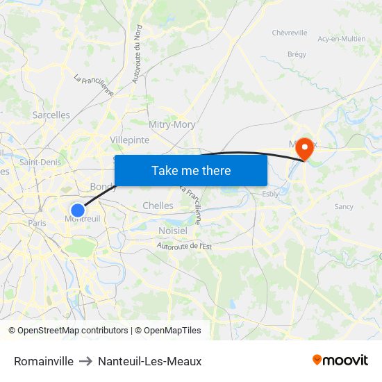 Romainville to Nanteuil-Les-Meaux map