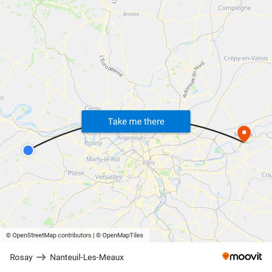 Rosay to Nanteuil-Les-Meaux map