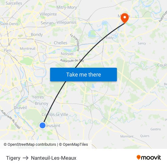 Tigery to Nanteuil-Les-Meaux map