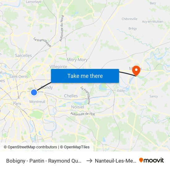 Bobigny - Pantin - Raymond Queneau to Nanteuil-Les-Meaux map
