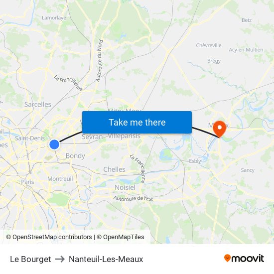 Le Bourget to Nanteuil-Les-Meaux map