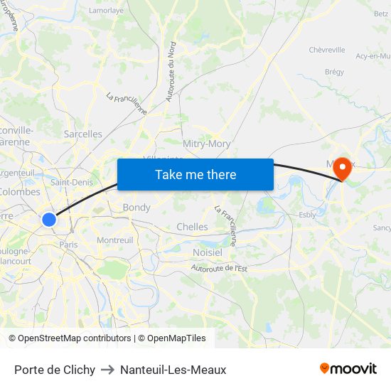 Porte de Clichy to Nanteuil-Les-Meaux map