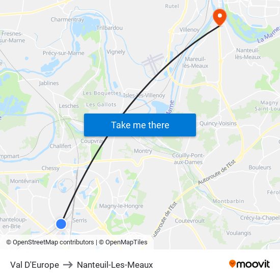 Val D'Europe to Nanteuil-Les-Meaux map