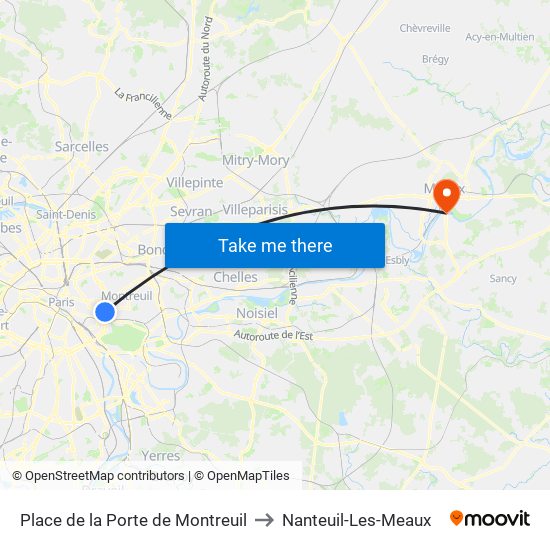 Place de la Porte de Montreuil to Nanteuil-Les-Meaux map