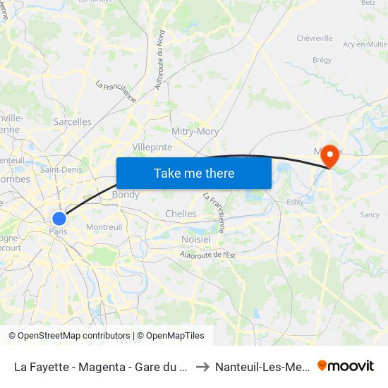 La Fayette - Magenta - Gare du Nord to Nanteuil-Les-Meaux map