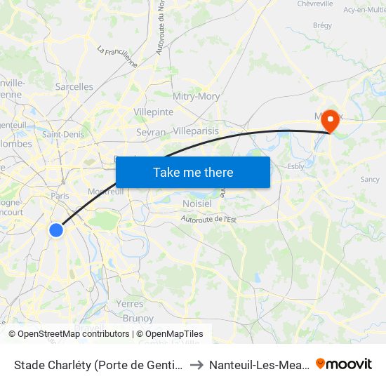 Stade Charléty (Porte de Gentilly) to Nanteuil-Les-Meaux map