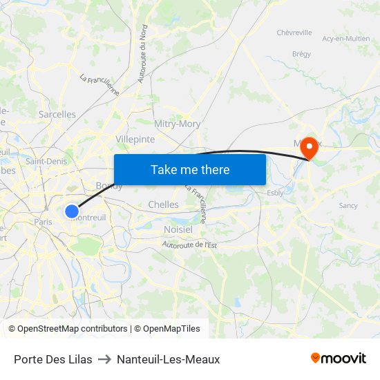 Porte Des Lilas to Nanteuil-Les-Meaux map