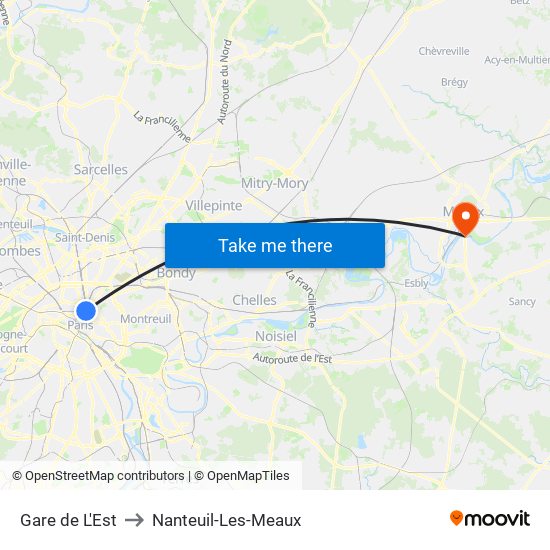 Gare de L'Est to Nanteuil-Les-Meaux map