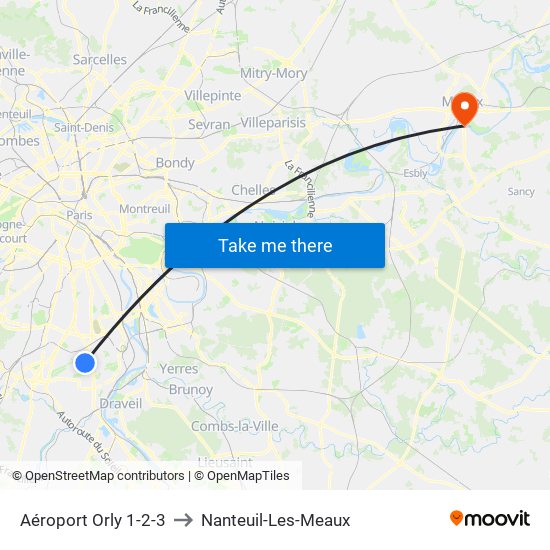 Aéroport Orly 1-2-3 to Nanteuil-Les-Meaux map