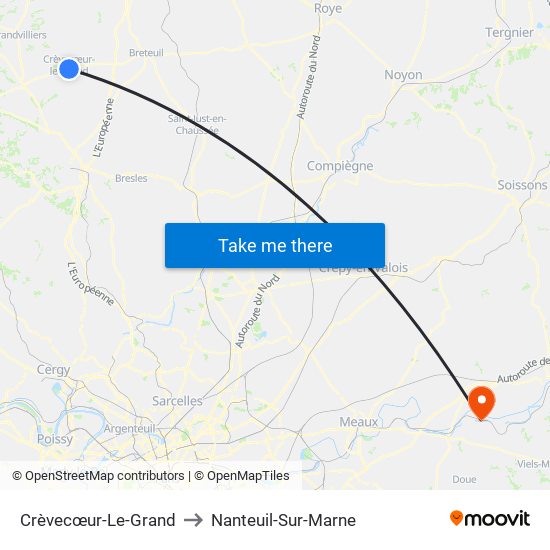 Crèvecœur-Le-Grand to Nanteuil-Sur-Marne map