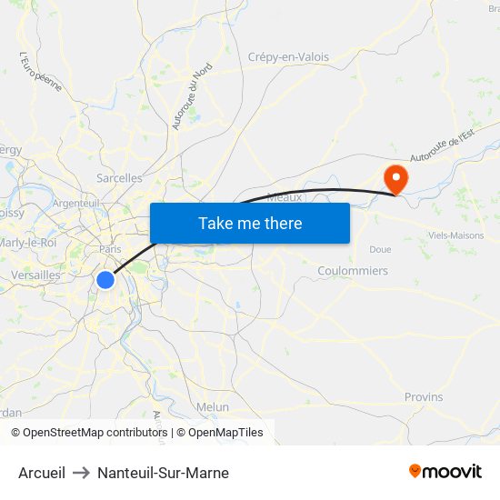 Arcueil to Nanteuil-Sur-Marne map