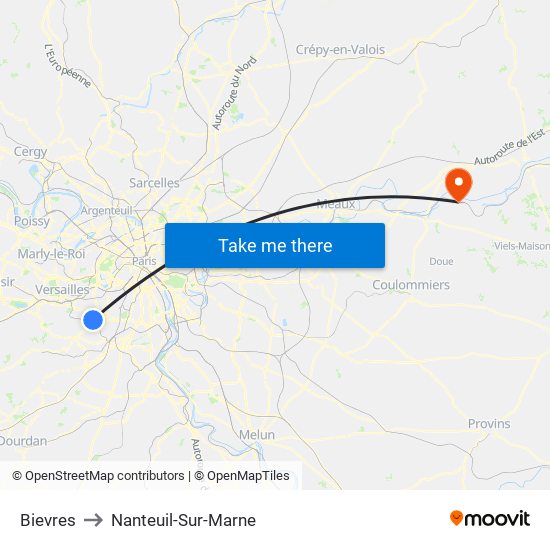 Bievres to Nanteuil-Sur-Marne map