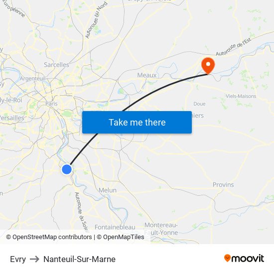 Evry to Nanteuil-Sur-Marne map