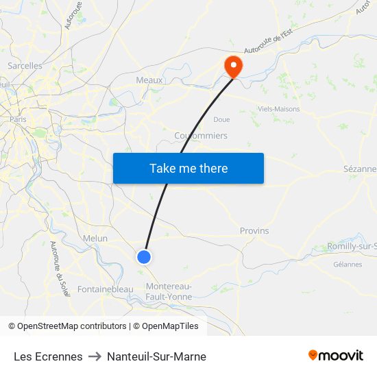Les Ecrennes to Nanteuil-Sur-Marne map