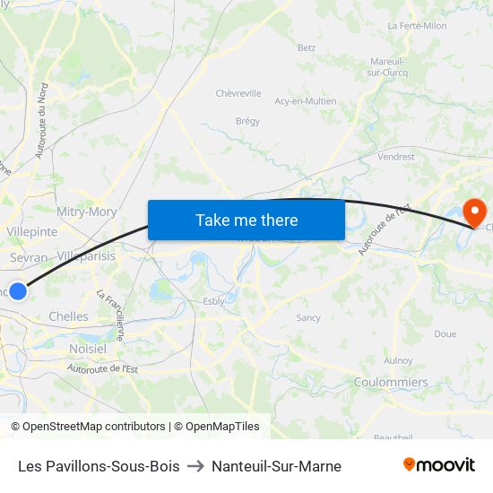 Les Pavillons-Sous-Bois to Nanteuil-Sur-Marne map