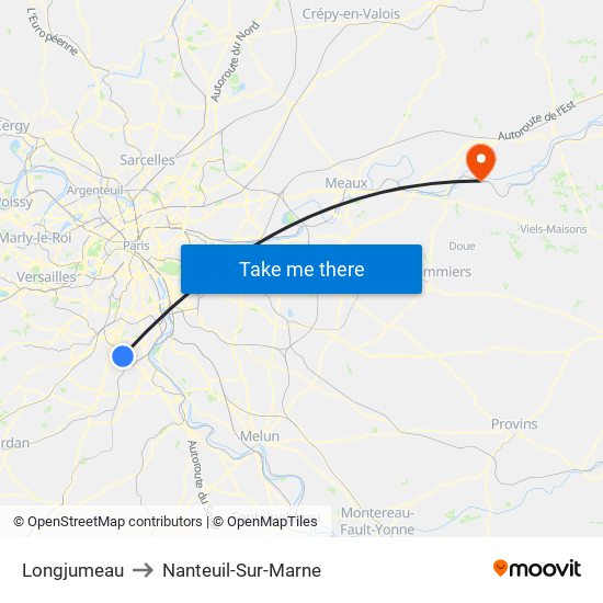 Longjumeau to Nanteuil-Sur-Marne map