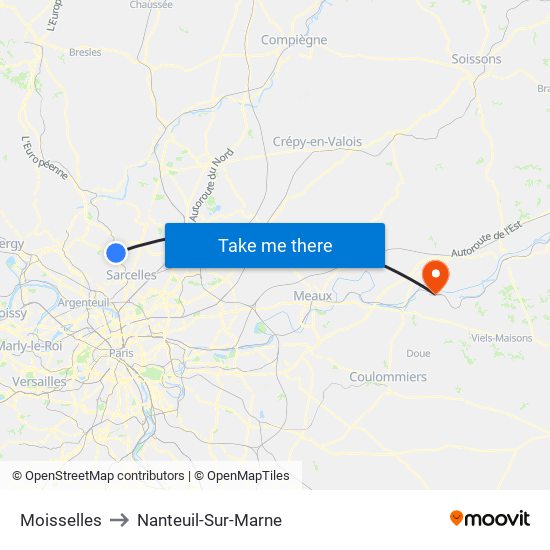 Moisselles to Nanteuil-Sur-Marne map