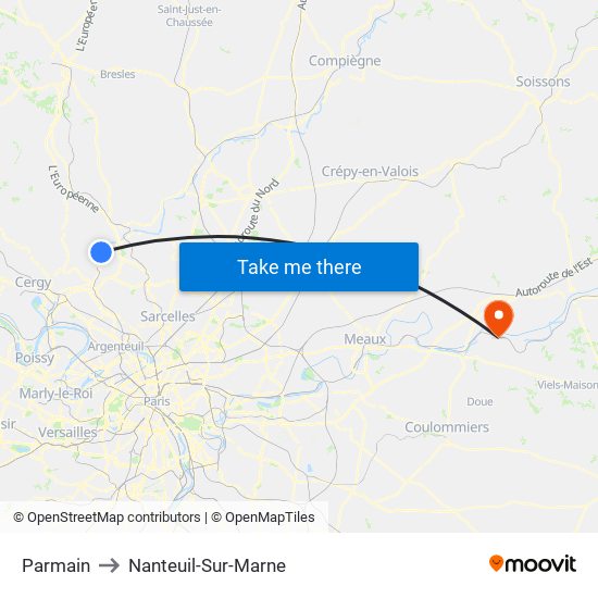 Parmain to Nanteuil-Sur-Marne map
