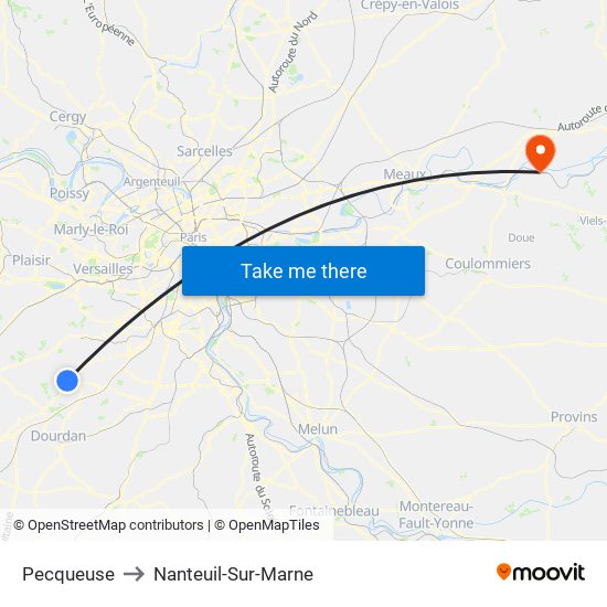 Pecqueuse to Nanteuil-Sur-Marne map