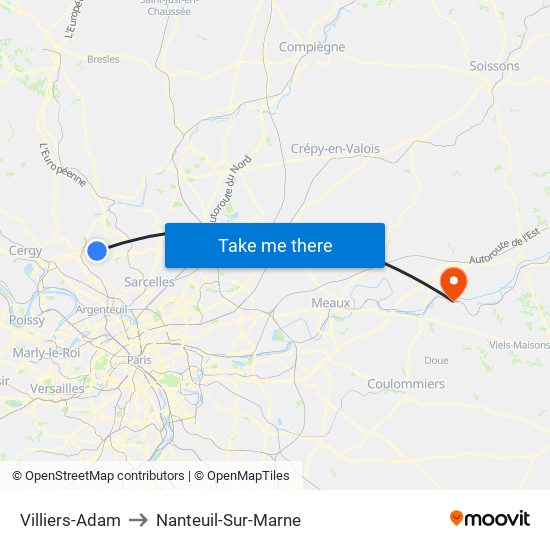 Villiers-Adam to Nanteuil-Sur-Marne map