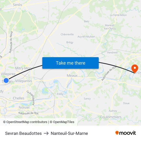Sevran Beaudottes to Nanteuil-Sur-Marne map