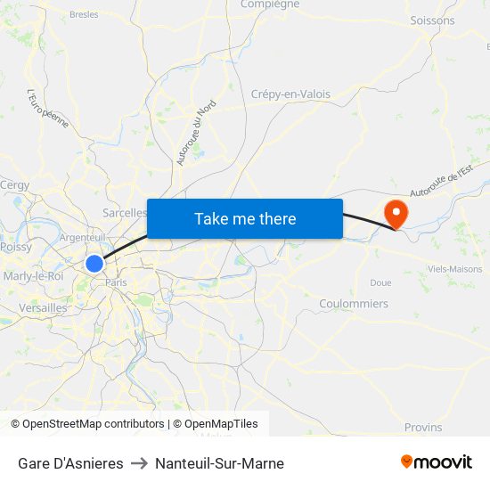 Gare D'Asnieres to Nanteuil-Sur-Marne map