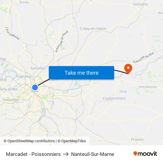 Marcadet - Poissonniers to Nanteuil-Sur-Marne map