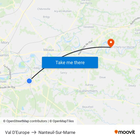 Val D'Europe to Nanteuil-Sur-Marne map