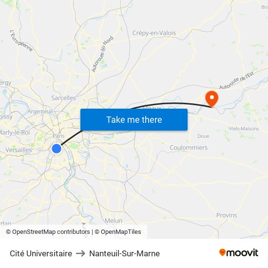 Cité Universitaire to Nanteuil-Sur-Marne map