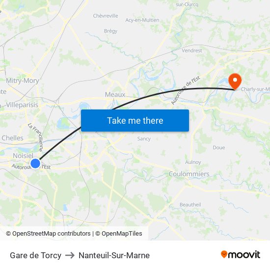 Gare de Torcy to Nanteuil-Sur-Marne map