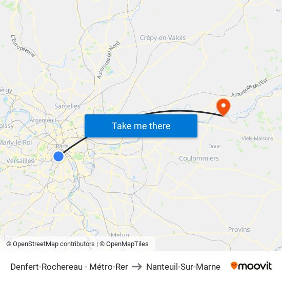 Denfert-Rochereau - Métro-Rer to Nanteuil-Sur-Marne map
